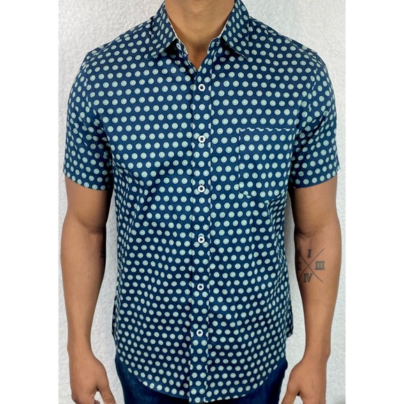 SQ WEAR • Blue/Green Lime Print Button-Down Short Sleeve Shirt - Picture 1 of 15